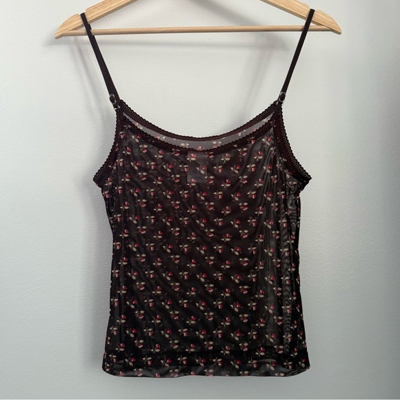 Old Navy Large Y2K Brown Mesh Cami Top Dainty Boho Red Floral Coquette Grunge - Picture 3 of 7
